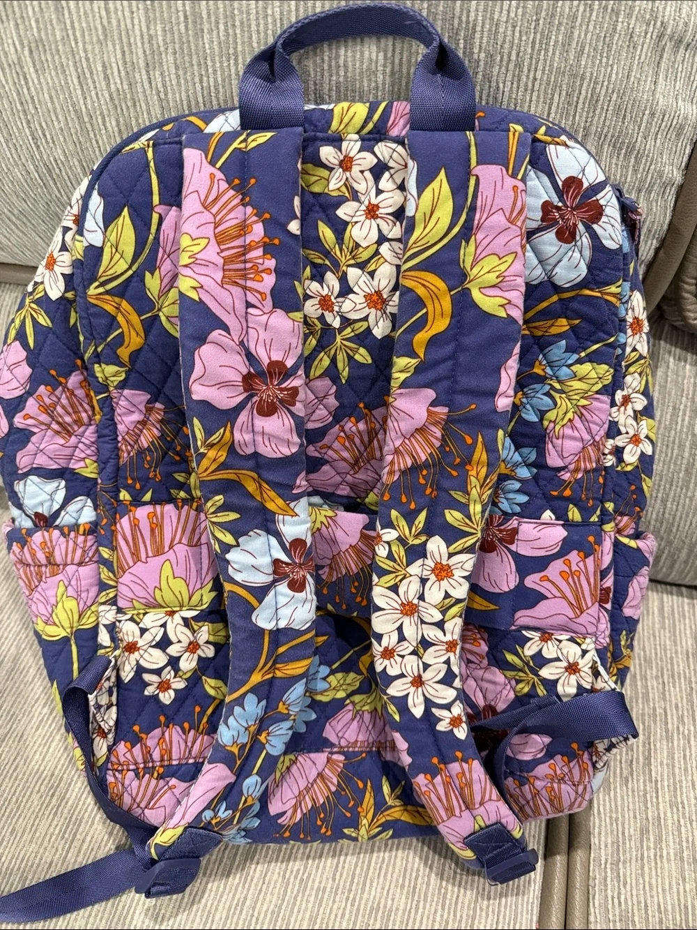 Vera Bradley Garden Coffee Navy Quilted Floral Backpack with Pink & Blue Blooms